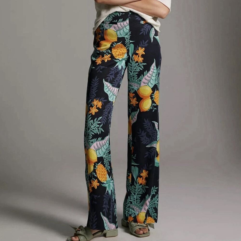 Maeve Anthropologie Pants Womens 4 Tropical Boho Floral Wide Leg Lyocell Navy